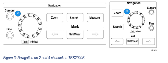 TBS2000B navigation controls Navigation controls on two-channel and four-channel TBS2000B oscilloscopes