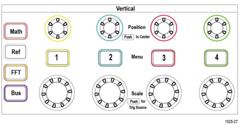 TBS2000B vertical controls Vertical controls on a four-channel TBS2000B oscilloscope