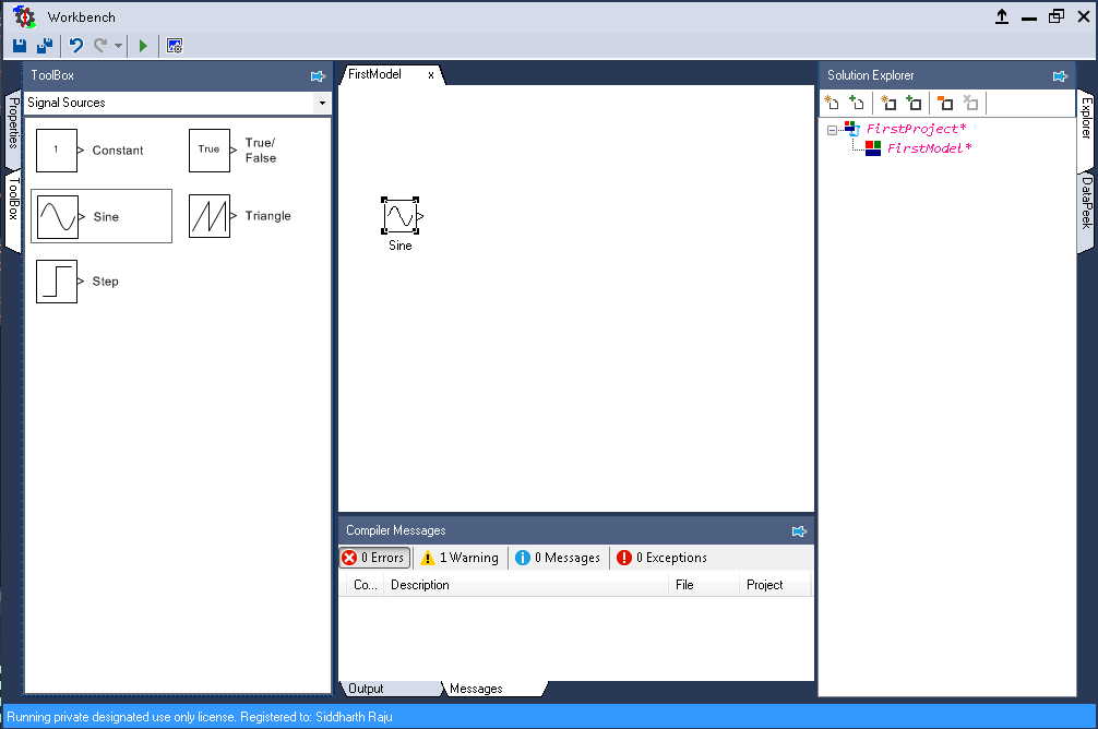 Drag and drop sine source block to model file
