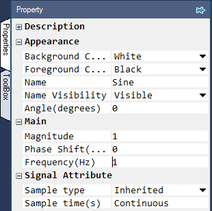 Sine block properties shown in Property window